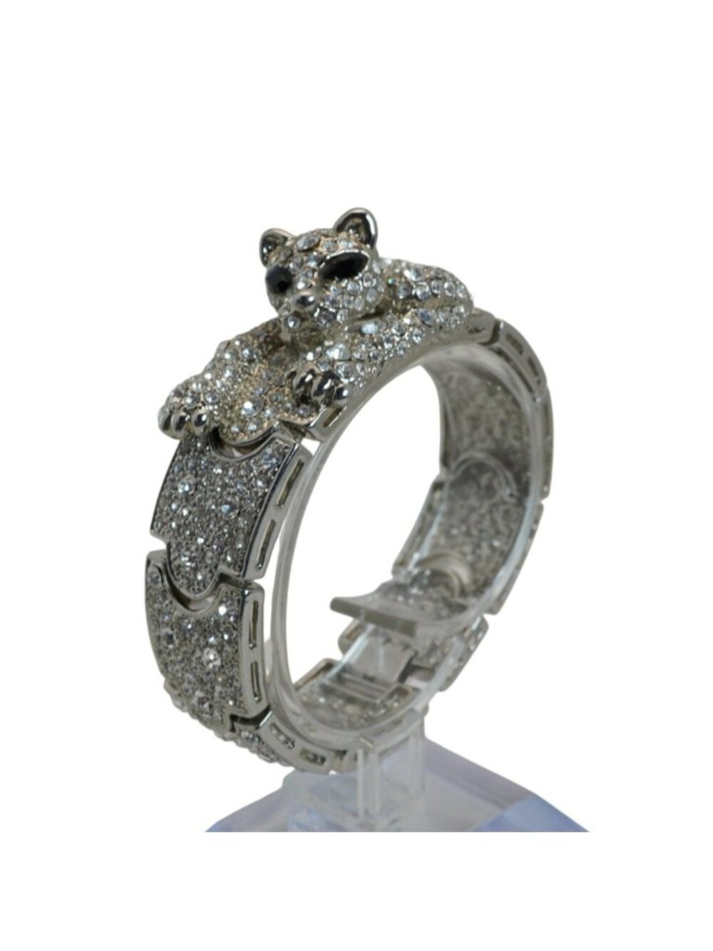 Vintage Rhinestone Panther Hinged Bangle Bracelet Silver Tone Pave Leopard